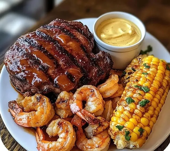 Delicious grilled steak served with honey wings on a plate
