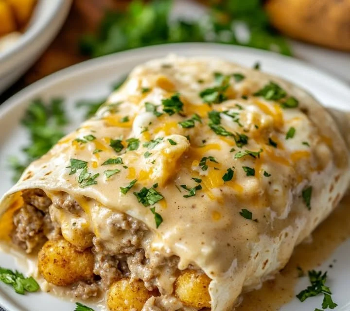 Delicious hearty breakfast burritos smothered in savory gravy on a plate