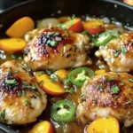 Grilled jalapeno peach chicken garnished with fresh herbs.