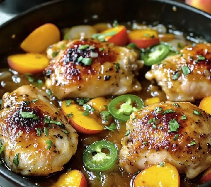 Grilled jalapeno peach chicken garnished with fresh herbs.