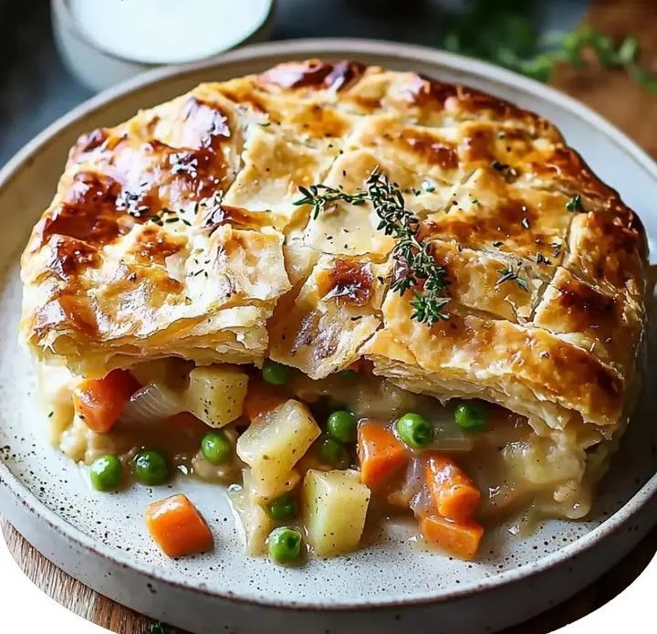 Delicious leftover turkey pot pie ready to serve with flaky crust and filling