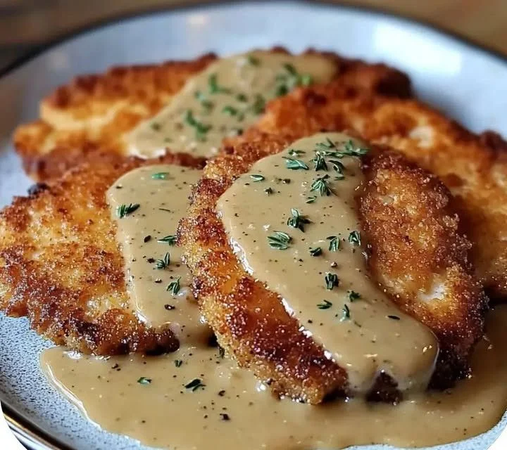 Pork Schnitzel served with rich Dijon gravy and a side of fresh vegetables