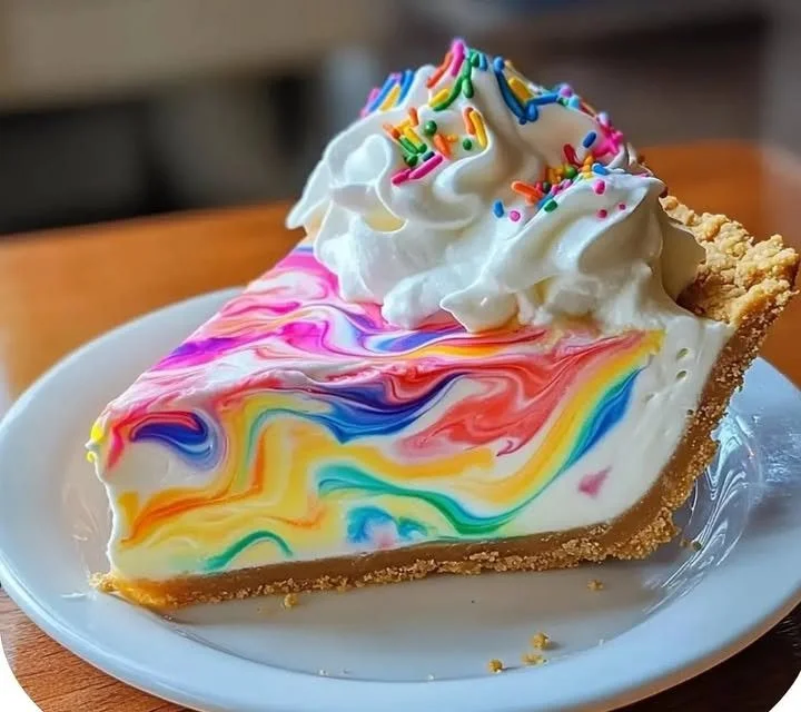 Slice of Rainbow Pie topped with fluffy whipped cream