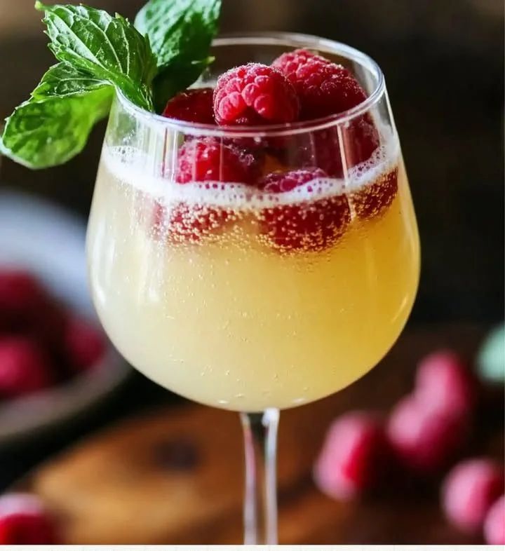 Raspberry Limoncello Sparkler cocktail with fresh raspberries and lemon