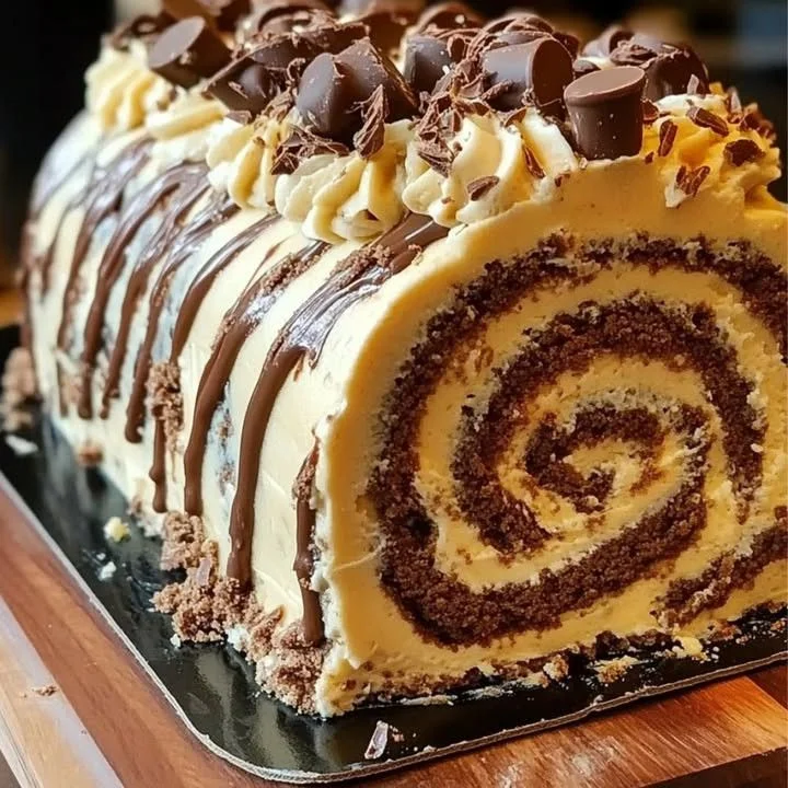 Reese's Peanut Butter Cup Roll Cake with chocolate and peanut butter frosting