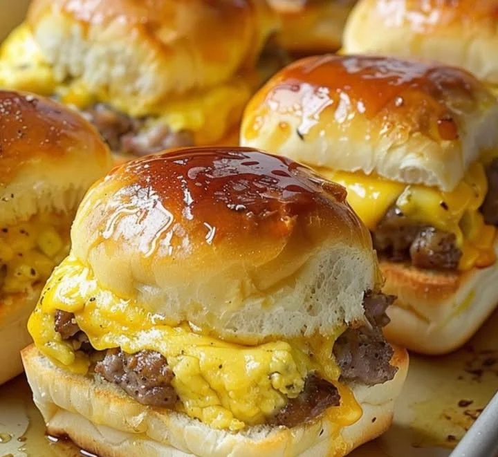 Sausage egg and cheese breakfast sliders served on a platter