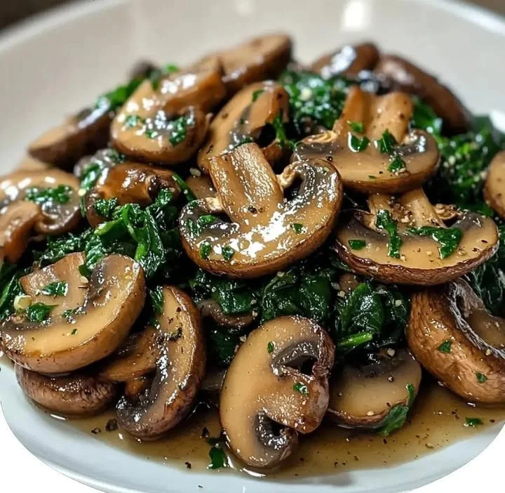 Sautéed mushrooms with spinach in a skillet, a healthy side dish.
