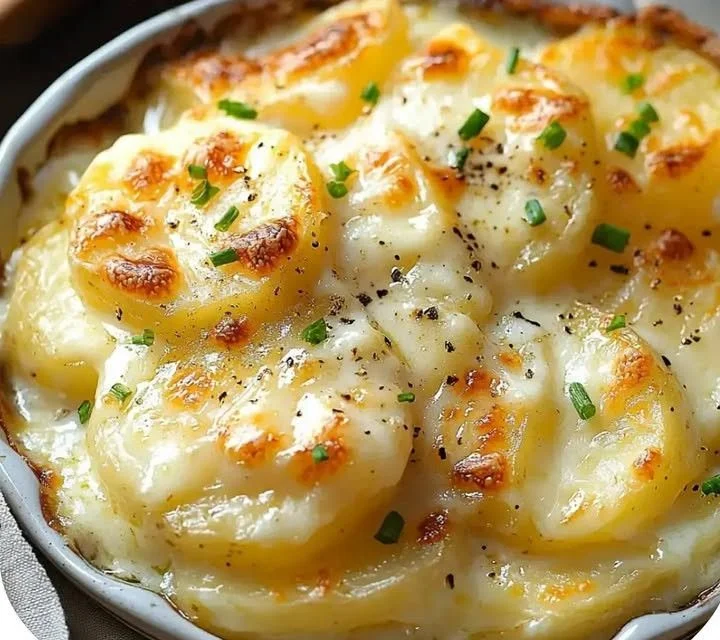 Deliciously baked scalloped potatoes topped with cheese