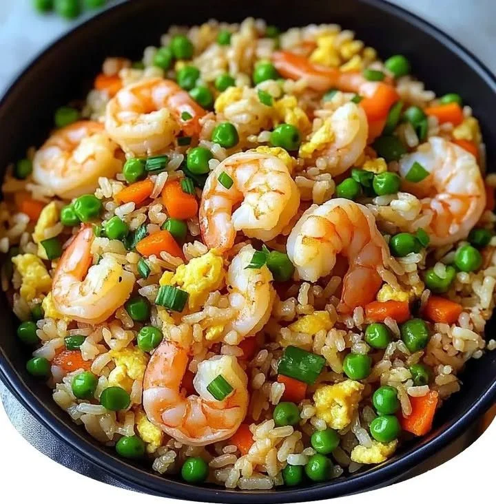Delicious shrimp fried rice topped with green onions and served in a bowl
