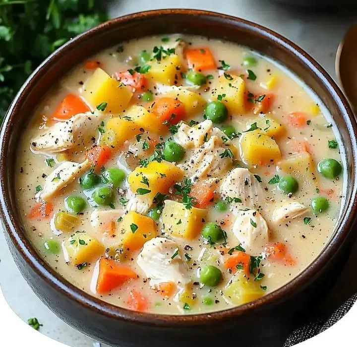Bowl of slow cooker chicken pot pie soup with vegetables and chicken