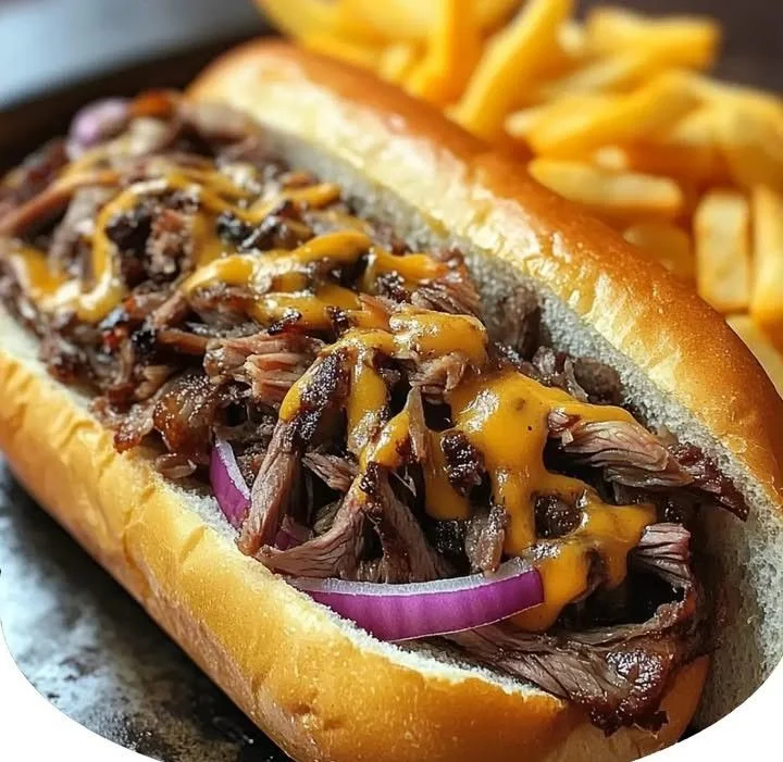 Smoked brisket cheesesteak sub with melted cheese and toppings