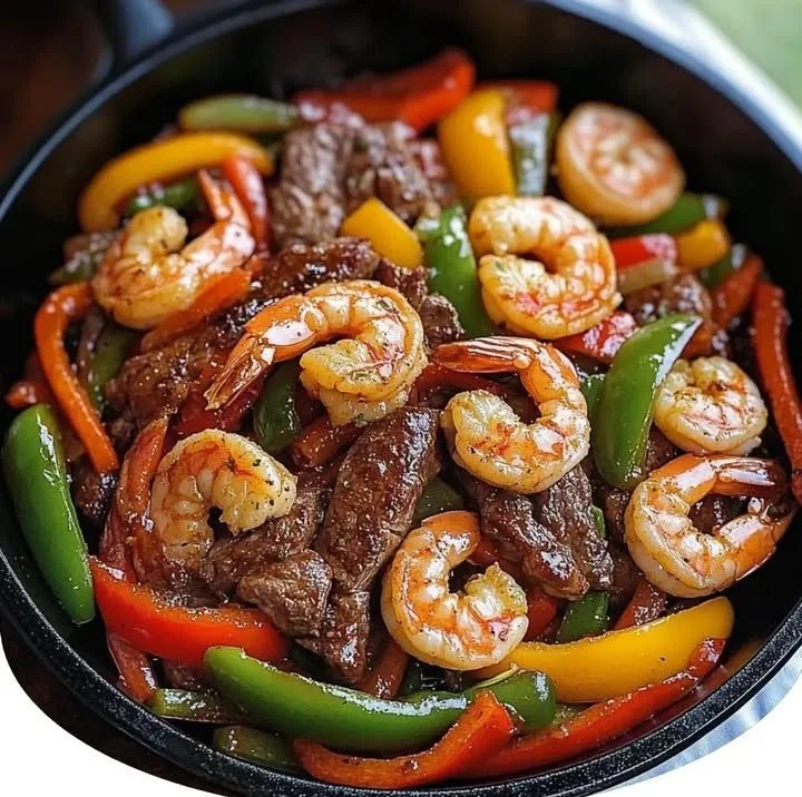 Delicious Steak and Shrimp Fajita Skillet served with colorful vegetables.