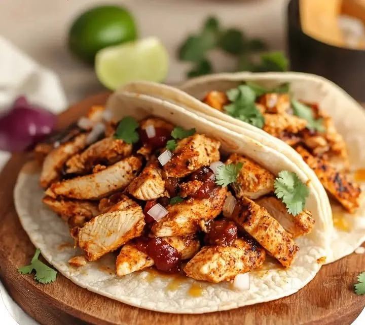 Sweet and spicy chicken tacos served with fresh toppings
