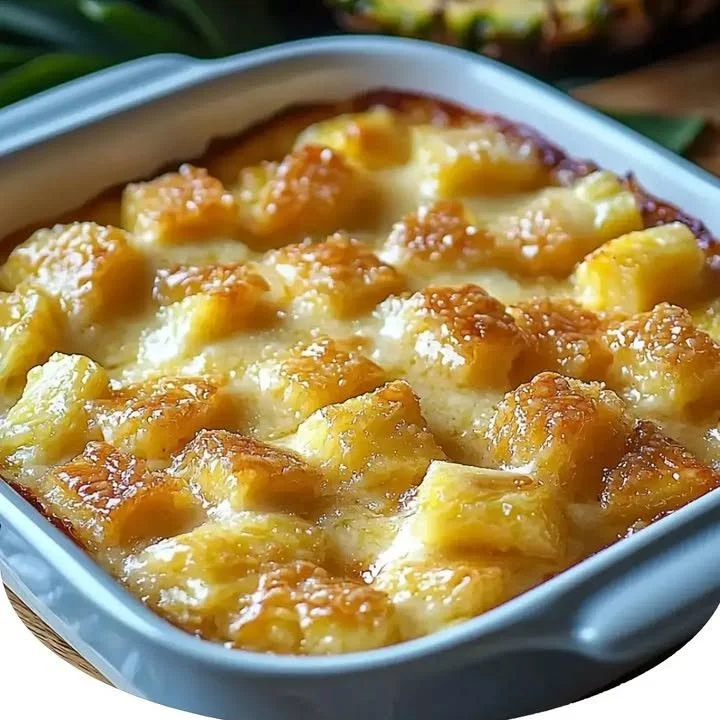 Delicious Sweet Pineapple Bake served on a plate with fresh pineapple slices.