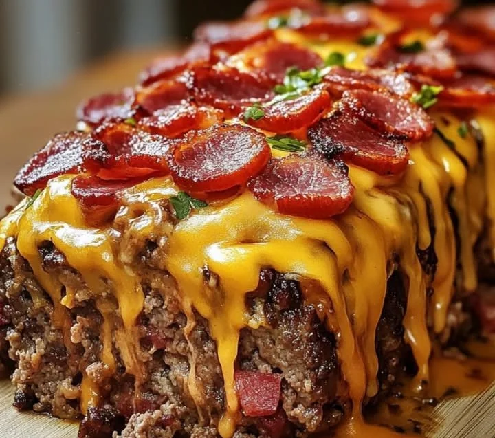 A delicious slice of bacon cheeseburger meatloaf on a plate with toppings.
